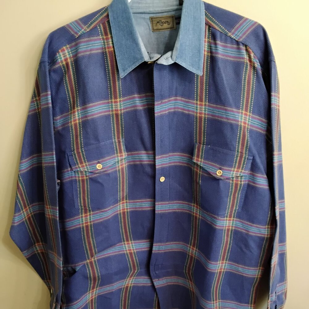 Roper Multicolor Plaid Shirt with Denim Collar Size XLT Excellent Condition.